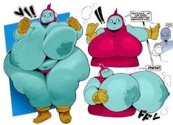 1girls breast_grab breasts_out chubby_arms chubby_belly darkgoku dragon_ball_super half_naked huge_breasts inverted_nipples overweight_female panties_only pierced_nipples ribrianne smile text text_box text_bubble thick_thighs white_background yellow_gloves