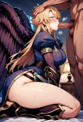 1boy 1girls ai_generated bed bedroom black_wings blonde_hair blue_dress blush breath_of_fire breath_of_fire_ii capcom green_eyes kneeling nina_(breath_of_fire_ii) oral sucking_penis tagme