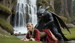 1animal 1girls ai_generated astrid_hofferson blonde blonde_female blonde_hair blonde_hair_female dracophilia dreamworks female how_to_train_your_dragon light-skinned_female light_skin night_fury toothless woman zoophilia
