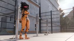 16:9 4k absurd_res anthro armbinder bdsm binder_(restraint) bondage bondage_gear bound clothing courtyard cuff_(restraint) female glowing glowing_eyes hi_res latex muzzle_(object) muzzled orange_clothing orange_suit prison prison_suit prisoner restraints sex_toy solo suit tavvy_tav vibrator wand_vibrator widescreen