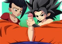 1boy 2girls bigduck black_hair caulifla dragon_ball dragon_ball_super female female_saiyan handjob kale male multiple_girls penis saiyan son_goku universe_6/universe_7 universe_6_saiyan/universe_7_saiyan