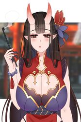 1girls bangs brown_hair cleavage cryptid_crab horns huge_breasts kiseru long_hair monster_girl oni original original_character pointy_ears red_eyes red_skin smoking smoking_pipe solo solo_female very_long_hair