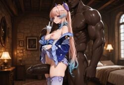 1boy 1girl ai_generated bare_shoulders bed bedroom between_legs blue_hair blush bow bow-shaped_hair breasts clothed_female_nude_male clothes_lift clothing colored_tips cowboy_shot dark-skinned_male dark_skin dress dress_lift dress_pull erection female frilled_sleeves frills frottage genshin_impact gloves gradient_hair grinding hair_ornament half_gloves height_difference hetero high_ponytail huge_penis indoors interracial lamp large_penis legwear lifted_by_self long_hair long_sleeves looking_at_viewer male manly medium_breasts mosaic_censoring multicolored_hair muscular muscular_male nipples nude off_shoulder on_bed penis penis_on_ass pink_hair ponytail precum purple_eyes sangonomiya_kokomi size_difference skindentation small_breasts smile standing strangling thick_thighs thigh_sex thighhighs thighs v vantawaifu veins veiny_penis very_dark_skin very_long_hair white_gloves white_thighhighs wide_sleeves window