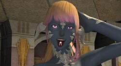 1futa au_ra blonde_hair chastity_key dyed_hair final_fantasy_xiv futanari glowing_eyes gpose_(ffxiv) grey_skin horns implied_nudity key_in_mouth original_character pink_eyes pink_highlights raen scales standing tanned_futa tanned_skin tounge_out