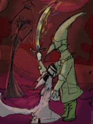 2026 3:4 anthro bdsm_gear boy_kisser_(rockpankake) canid canine clothing digital_media_(artwork) english_text hand_on_another's_shoulder hand_on_shoulder hi_res kneeling magic mammal melee_weapon miteling moon muzzle_(object) muzzled outside plant ritual ritual_sacrifice rockpankake roi_(rockpankake) standing sword text tree weapon white_body yes!_(rockpankake)