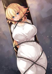 blonde_hair blue_eyes bondage chains dress fate/grand_order fate_(series) female female_focus female_only jeanne_d'arc jeanne_d'arc_(fate) long_hair looking_at_viewer pole_tied ruri_rarako smile smiling smiling_at_viewer solo solo_female solo_focus white_dress