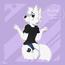 1:1 anthro arctic_fox big_butt butt butt_crush canid canine car clothed clothing crush destruction dudem fox gesture hi_res mammal panties partially_clothed shrug speech_bubble stuck_to_butt tail true_fox underwear vehicle vehicle_destruction