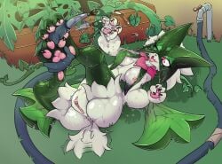 anthro anus breasts clitoral_hood clitoris female fur garden_hose generation_9_pokemon genitals grass green_body green_fur hi_res lying meowscarada nintendo nipple_outline nipples on_back one_eye_closed open_mouth outside pawpads pink_nipples pink_nose pink_pawpads plant pokemon pokemon_(species) remzi-k-o short_tail solo tail tail_motion tailwag vulva water wet