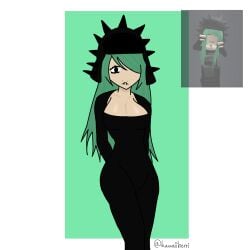 1female 1girl :3 big_ass black_suit calm cleavage curves curvy curvy_female eyelashes green_hair hands_behind_back long_hair medium_breasts piercing piercings roblox roblox_avatar robloxian spikes teal_hair thick_thighs ushanka watermark