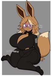 1girls 2026 anthro artist_name big_breasts black_clothing black_footwear black_jumpsuit black_shoes black_sleeves breasts brown_body brown_eyes brown_hair choker cleavage clothed clothing commission eevee eevee_ears eevee_tail eyebrows eyebrows_visible_through_hair eyelashes female female_only footwear fully_clothed furry furry_only glasses gradient_glasses grey_background hand_under_breasts jumpsuit large_breasts long_sleeves looking_at_viewer nintendo nose on_knees original_character penismaster48 pokemon pokemon_(species) purple_glasses round_glasses shoes short_hair simple_background sleeves smile solo thick_thighs thighs two-tone_hair watermark