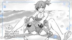 asymmetrical_hair ball beach bikini blush breasts earrings eyelashes flip-flops gen_3_pokemon grin hair_ornament jewelry kasumi_(pokemon) knees landscape looking_at_viewer misty_(pokemon) pokemon ponytail sand sandals scrunchie seashell shell shell_necklace shore short_hair side_ponytail sitting smile solo spheal spread_legs striped_bikini striped_clothes swimsuit teeth water wrist_scrunchie