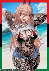 1girl ai_generated anime artist:basicallynomore blacked chainsaw_man female looking_at_viewer pan-african_flag_bikini pan_african_colors power_(chainsaw_man) pubic_tattoo qos qos_tattoo queen_of_spades queen_of_spades_symbol queen_of_spades_tattoo tattoo tattoos white_skin