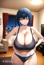 1girl 8k adult ai_assisted ai_generated ass black_clothing black_hair blue_eyes breast_expansion cinematic cityscape cleavage depth_of_field enormous_breasts eyes_half_closed home in_heat indoors large_breasts living_room night_time oversized_breasts scenery seductive_eyes seductive_smile short_hair short_stack thick_thighs tiny_waist uncensored wide_hips