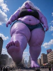 ai_generated amethyst_(steven_universe) black_tank_top chest_jewel city clothed_female debris gem_(species) giantess jean_shorts lavender_skin rubble walking white_hair