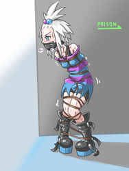 1girls arms_behind_back blue_eyes blush bondage boots bound breast_bondage crotch_rope gag gagged gym_leader hair_ornament knees_together_feet_apart pokemon pokemon_bw2 roxie_(pokemon) shorts skirt spiky_hair struggling tape_gag