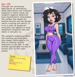 ass ass_expansion barefoot bimbofication black_hair blue_eyes brain_drain breast_expansion breasts cameltoe confused eyeshadow leggings lip_expansion midriff nipples_visible_through_clothing original powermogri signature sleepy tank_top text