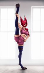 1girls animal_ears bird_feet blue_fingernails booty_shorts breasts curvy female female_only fit fit_female fitness gym_clothes league_of_legends leg_strap long_ears long_hair looking_at_viewer mootium ponytail red_hair riot_games solo sports_bra sportswear talons thighs tight_clothing vastaya vertical_splits xayah yellow_eyes