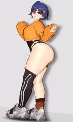 1girl 3d 3d_(artwork) :3 alternate_body_type asymmetrical_legwear belle_(zenless_zone_zero) big_ass blue_eyes blue_hair earrings hair_ornament hoyoverse huge_ass huge_thighs koikatsu leotard mihoyo orange_nails orange_sweater painted_nails rinkatsu short_hair sideview sneakers sneakers_without_bottomwear solo solo_female sweater thick_thighs zenless_zone_zero