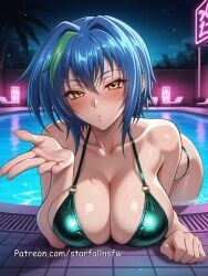 1girl 1girls ai_generated big_breasts bikini blowing_kiss blue_bikini blue_hair blush blush_lines blushing blushing_at_viewer blushing_female breasts breasts_press closed_mouth dripping female female_focus female_only front_view heart highschool_dxd huge_breasts kissing large_breasts light-skinned_female light_skin looking_at_viewer mouth_open neon_lights night night_sky outdoor partially_clothed pool poolside shiny_skin short_hair standing starfallnsfw stomach sweat sweatdrop sweating sweaty turquoise_bikini vaginal_fluids xenovia_quarta yellow_eyes