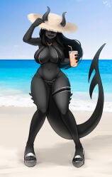 beach big_breasts black_hair black_skin curvy curvy_female curvy_figure gipehtyboon holding horn long_hair sand sky smiling straw_hat tail thick_thighs water