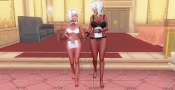 2girls 3d big_breasts bra cat_ears cat_tail catgirl claws custom_maid_3d_2 custom_order_maid_3d_2 dark_skin ear_piercing female_focus female_only huge_breasts large_breasts monster_girl navel_piercing nipple_piercing nude pantyhose piercing ring sisters small_breasts white_hair yellow_eyes