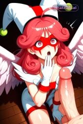 1girl ahoge ai_assisted ai_generated beautiful_eyes bedroom black_lipstick domino_mask duel_monster gasping hand_to_mouth jester_cap kneeling_on_floor large_penis long_hair looking_at_penis looking_up_at_penis medium_breasts night penis_awe pink_eyes pink_hair red_eyes red_hair shiny_skin surprised viewed_from_above white_facepaint white_gloves wings wooden_floor