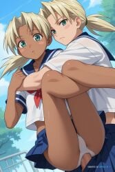 1girl ai_assisted ai_generated anal anal_penetration big_dick blonde_hair blue_skirt blush_stickers carrying cowboy_shot dark_skin dark_skinned_female dutch_angle green_eyes leg_lock looking_at_viewer love_hina midriff navel outdoors pleated_skirt ponytail school_uniform serafuku skirt source_anime