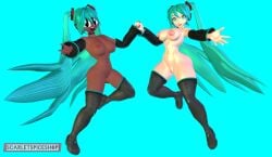 2girls 3d big_breasts blue_eyes blue_hair busty cosplay dark_skin dolly_dimpley hatsune_miku headset holding_hands knee_boots pale_skin partially_clothed pussy scarletspiceshop sleeves smiling_at_viewer smiling_friends smiling_friends_self_inserts thick_thighs vocaloid