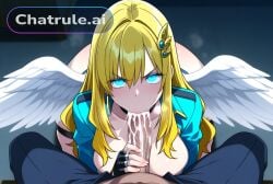 1girl 4k 8k absurd_res african_male aged_down ai_assisted ai_generated all_the_way_to_the_base angry anime_screenshot anime_style annoyed beautiful beautiful_eyes beautiful_face big_ass bird_wings black_choker black_gloves blacked blonde_hair blue_eyes blue_jumpsuit brat bratty breath bubble_butt choker cleavage crop_top cum_dump cum_dumpster cum_filled cum_in_mouth cum_overflow cum_splatter cum_string curvy dark deepthroat detailed_background detailed_eyes detailed_face dim_lighting disgusted excessive_cum excessive_saliva fellatio filo fingerless_gloves fingernails forced_oral glaring glossy_lips glowing_eyes gushing_cum hair_ornament half_lidded_eyes long_hair white_wings wings