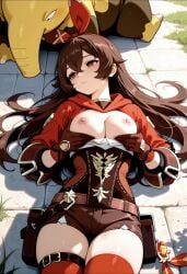 ai_generated amber_(genshin_impact) crossover drowzee exposing_breasts genshin_impact hoipo hoyoverse hypnotized mind_control on_back pokemon pushing_breasts_together small_breasts