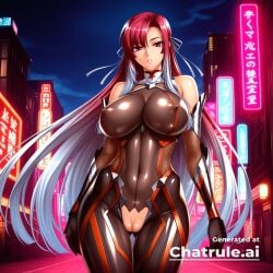 1girl ai_assisted ai_generated armor bare_shoulders black_bodysuit city cityscape clouds cowboy_shot crotchless curvy dark_theme detailed_pussy elbow_gloves fishnets gloves hair_ribbon high_contrast kagami_hirotaka koukawa_oboro looking_at_viewer multicolored_hair neon_lights night night_sky outdoors parted_lips red_eyes red_hair silver_hair soft_shading taimanin_asagi_zero taimanin_suit thigh_gap very_long_hair visible_pussy