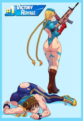 2girls alternate_costume alternate_version_available ass big_ass blonde_hair blood boots cammy_white cammy_white_(fortnite) capcom chun-li chun-li_(fortnite) cirenk crossover defeated female female_focus female_only fortnite fortnite:_battle_royale leotard multiple_girls round_ass ryona street_fighter street_fighter_alpha tagme thick_ass twin_braids