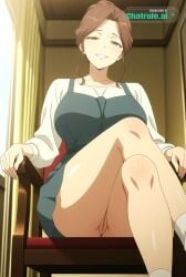 1girl ai_assisted ai_generated anime_coloring anime_screencap beautiful brown_eyes brown_hair day dress general grayscale grin high_contrast highres indoors looking_at_viewer mature_female no_nose official_art perfect_anatomy ponytail pussy sharp_teeth single_hair_bun sitting_on_chair slit_pupils smug socks source_anime upskirt_view