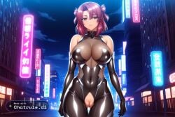 1girl ai_assisted ai_generated armor bare_shoulders black_bodysuit brown_eyes city cityscape clouds cowboy_shot crotchless curvy dark_theme detailed_pussy elbow_gloves fishnets gloves high_contrast kagami_hirotaka koukawa_oboro looking_at_viewer neon_lights night night_sky outdoors peach_hair short_hair soft_shading taimanin_asagi_zero taimanin_suit thigh_gap visible_pussy