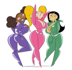 3girls ass back_turned big_breasts black_hair blonde_hair blue_eyes bodysuit breasts brown_eyes brown_hair cartoon_network cosplay crossover crossover_cosplay dark-skinned_female dark_skin dat_ass dee_dee_(dexter's_laboratory) dexter's_laboratory edit female female_only group hands_behind_head hourglass_figure huge_breasts human human_only lee_lee light-skinned_female light_skin mee_mee multiple_girls peace_sign pink_lipstick pussy sideboob slb thick_legs thick_thighs thin_waist totally_spies trio trio_female turquoise_lipstick twintails v voluptuous voluptuous_female white_background wide_hips