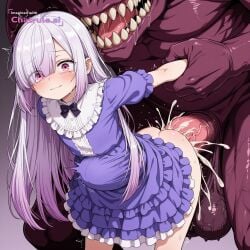 1girl age_difference ai_assisted ai_generated anal anal_sex atelier bangs bestiality big_cock bowtie cowboy_shot crying cum_dump cumdump cumshot domination eyes_visible_through_hair fear feminine_body flaccid flat_chest frilled_dress gradient_background gradient_hair hair_over_one_eye layered_dress light_smile long_hair looking_at_viewer micro_penis mind_break monster monster_cock naked nude pain penis_size_difference pink_eyes pleasure purple_dress purple_hair screaming size_difference small small_ass small_balls stomach_bulge tiny_balls used white_hair young