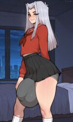 ai_generated bed bedframe bedroom big_ass big_ass_(male) big_bulge black_skirt briefs brown_eyes fanservice femboy gay grey_hair huge_bulge long_hair looking_at_viewer male male_focus male_only maximillion_pegasus night night_sky pale-skinned_male pale_skin pillow red_shirt serafuku sheets smirk solo solo_focus tagme thick_thighs trap underwear white_socks yaoi yu-gi-oh! yu-gi-oh!_duel_monsters yugioh