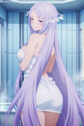 1girl ai_generated ass bare_shoulders blush breasts closed_mouth cowboy_shot digitalwaifugallery dress from_behind hi_res high_quality high_resolution indoors large_breasts long_hair looking_at_viewer looking_back naked_towel patreon purple_eyes purple_hair quinella seductive sexy smile solo standing sword_art_online towel uncensored very_long_hair watermark