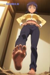 1girl ai_assisted ai_generated anime_coloring barefeet belt big_feet black_hair black_pants brown_eyes dark_skin dirty_feet from_below full_body hands_on_hips long_sleeves long_toes looking_at_viewer mature_female mm navel presenting_foot short_hair sole_focus standing standing_on_one_leg stinky_feet sweaty_feet twintails yellow_jacket