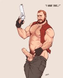 1boy bara barry_burton dilf facial_hair firearm hairy hairy_chest handgun human male muscles resident_evil yaoi