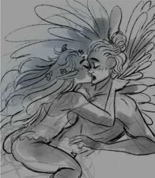 ass ass_focus daphne_(lore_olympus) flower flower_in_hair flowers kiss kissing langerie long_hair lore_olympus man_bun nightwear pointy_ears sketch thanatos_(lore_olympus) wings