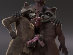 3d_(artwork) 4:3 animal_genitalia animal_penis anthro balls bovid bovine brown_body brown_fur cattle comparing comparing_penis digital_media_(artwork) erection foreskin fur genitals glans group guardians_of_the_galaxy hand_on_penis hi_res humanoid_genitalia humanoid_penis hybrid_genitalia hybrid_penis knot knotted_penis looking_at_genitalia looking_at_penis male male/male mammal marvel nipples no-name-no-problem nude partially_retracted_foreskin penis procyonid raccoon rocket_raccoon simple_background size_difference smile standing trio