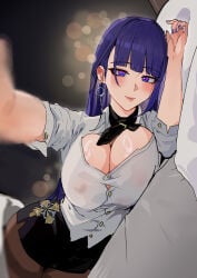 1girls absurd_res cleavage female haat honkai_(series) honkai_impact_3rd hoyoverse hvvt large_breasts light-skinned_female light_skin lying_on_bed mihoyo office_lady raiden_mei smile yi_zhi_ai_xi
