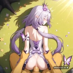1girl ai_assisted ai_generated anal anal_sex arms_held_behind_back arms_pulled_back asleep blushing butterfly doggystyle embarrassed eyes_closed flower hair_flower hypno outdoors passed_out perky_tits petals pointy_ears prone_bone purple_eyes rough_sex sleeping thick_cock twintails