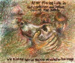 2019 abstract_art canid canine canis colored_pencil_(artwork) domestic_dog duo english_text feral fingernails floppy_ears human ink-the-artist kissing laika_(ussr) looking_at_another mammal nails text traditional_media_(artwork) whiskers