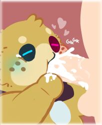 3d_(artwork) alien anthro balls blush bodily_fluids butt cartoon_freckles collar cum cum_in_mouth cum_inside cum_on_hand cum_on_penis digital_media_(artwork) duo fangs fellatio fluffy freckled_face freckles fur genital_fluids genitals heterochromia hi_res male moobs navel nutpillow onomatopoeia oral overweight penile penis prince_glibbon_(nutpillow) sex sound_effects sphere_hands teeth text underbite yellow_body yellow_fur