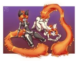 4_ears anthro areola ass_up black_body black_fur breasts canid clitoral_hood clitoris digo_marrallang dreamkeepers female fluffy fluffy_tail fur genitals hi_res indi_marrallang indigo_marrallang looking_at_viewer mammal multi_ear navel nipples orange_tail pink_areola pink_nipples pink_nose purple_eyes remzi-k-o solo tail vulva white_body white_fur