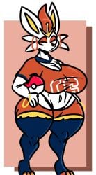 big_breasts breasts cinderace cleavage female furry huge_breasts kingretrokirby nintendo no_humans pokemon pokemon_(species) tagme thick_thighs wide_hips