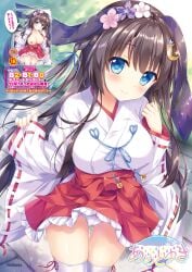 absurdres ameto_yuki animal_ears black_hair blue_eyes blush breasts cameltoe cleavage clothes_lift female flower hair_flower hair_ornament hakama hakama_skirt highres japanese_clothes large_breasts long_hair miko noir_(ameto_yuki) original panties pussy ribbon-trimmed_sleeves ribbon_trim shy skirt skirt_lift thighhighs underwear white_thighhighs wide_sleeves