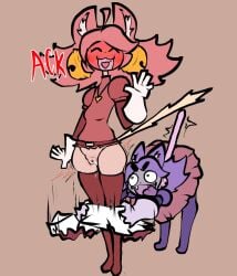 animal_humanoid assisted_exposure bell blush blushing_profusely cat_humanoid clothing deltarune dripping_vulva duo exposed fangs felid felid_humanoid feline feline_humanoid female female/female genitals gesture grey_body grey_skin hair heart_tongue hi_res humanoid irritable_ghost_(deltarune) legwear light_body light_skin looking_at_butt mad_mew_mew mammal mammal_humanoid mew_mew_(undertale) pantsing pink_(deltarune) pink_hair purple_hair raised_tail simple_background steadmondslick straightened_tail tail tan_background teeth text thigh_highs tongue tongue_out undertale_(series) vulva waving waving_at_viewer